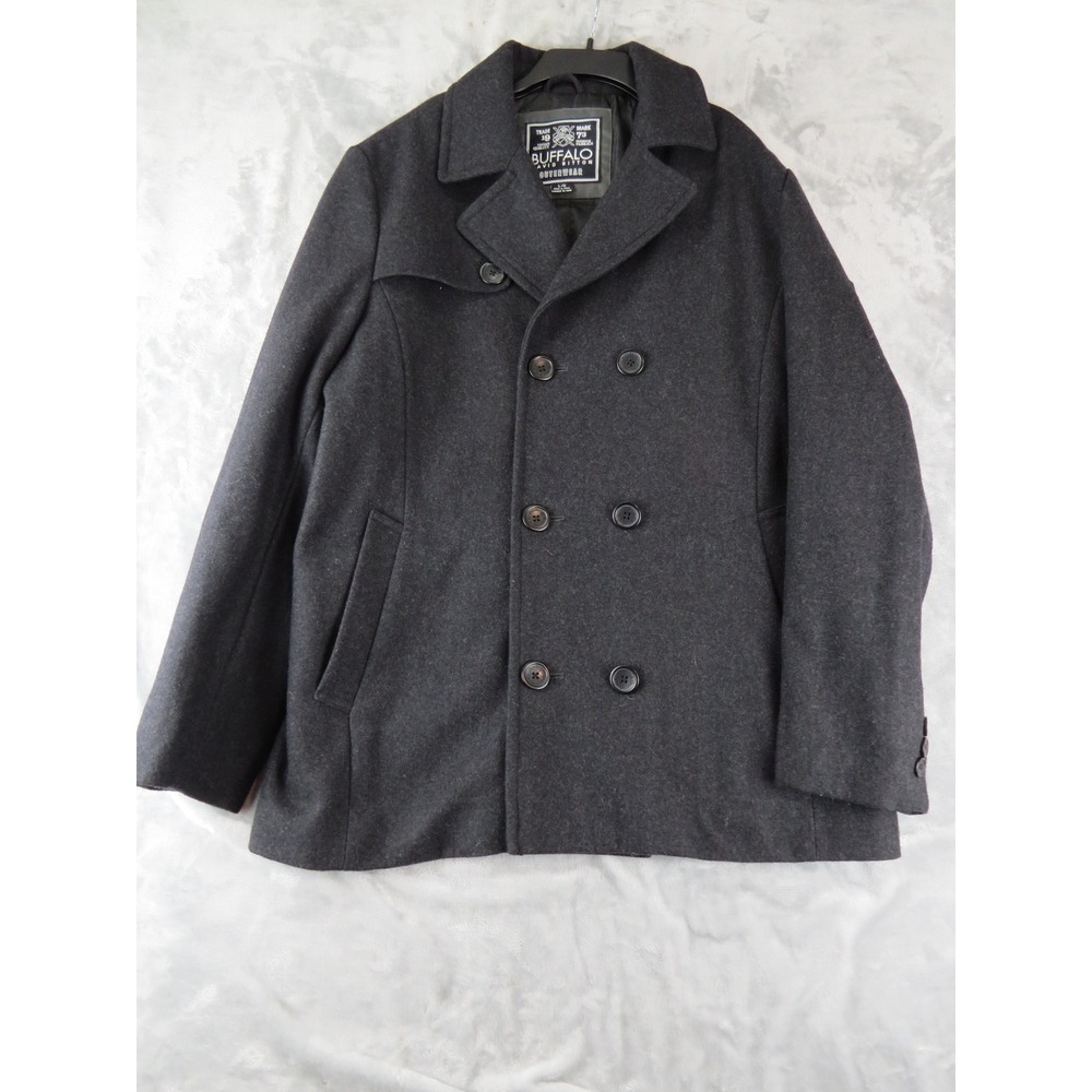 Buffalo David Bitton Wool Blend Peacoat Jacket L Charcoal Gray Double Breasted